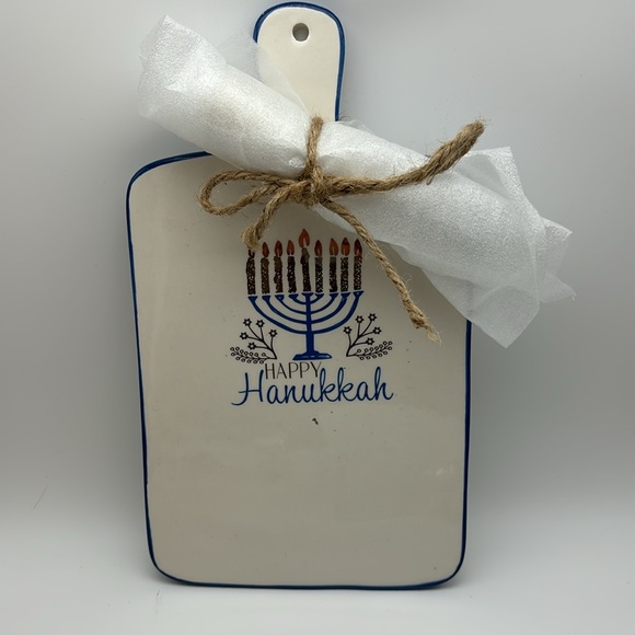Happy Hanukkah Ceramic Pottery Set: Cheese Board, Cheese Knife, & Round Plate - Picture 5 of 12